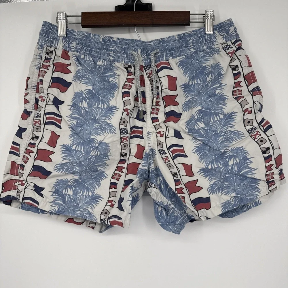 Vilebrequin Nautical Flags Palm Tree Swim Trunks Mens Patriotic Beach Resort M